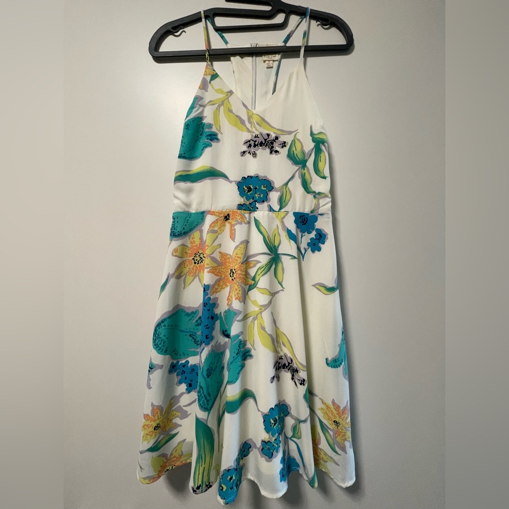 Floral Sleeveless Dress - White with Blue and Yellow Accents